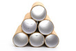 empty toilet rolls stack up on white