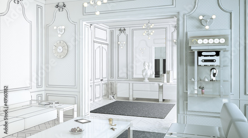 Illustration: Klassical Salon in neutral white (drawing) Klassical Salon in neutral white (drawing)