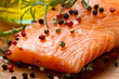 Fresh salmon fillet on wooden board