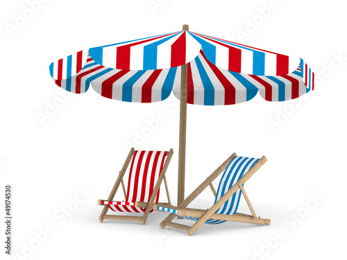 Illustration: Two deckchair and parasol on white background. Isolated 3D image Two deckchair and parasol on white background. Isolated 3D image