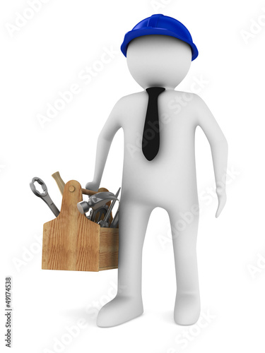 Illustration: Man with wooden toolbox. Isolated 3D image Man with wooden toolbox. Isolated 3D image