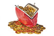 Old red purse and golden coins.