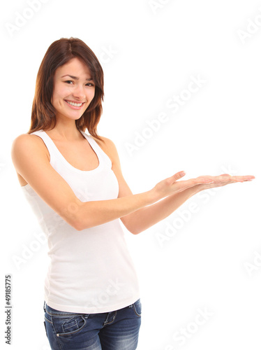 Photo: Very happy excited beautiful woman looking at your product Very happy excited beautiful woman looking at your product