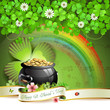 Vector: Saint Patrick's Day greeting card with pot, coins and ribbon Saint Patrick's Day greeting card with pot, coins and ribbon