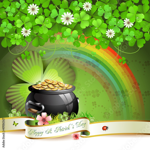 Vector: Saint Patrick's Day greeting card with pot, coins and ribbon Saint Patrick's Day greeting card with pot, coins and ribbon