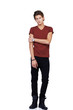 Uncomfortable and awkward looking guy isolated against a white b