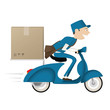 Funny postman delivering package on blue scooter