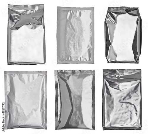 Photo: white silver aluminum paper bag package food template white silver aluminum paper bag package food template