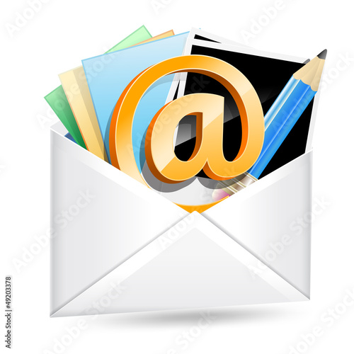 Vector: envelope with email sign, photos and pencil envelope with email sign, photos and pencil