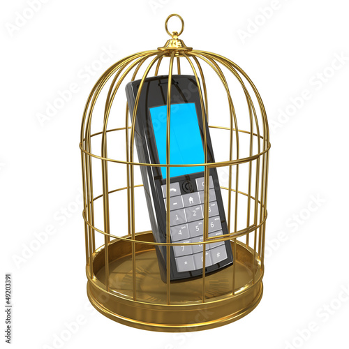 Illustration: Birdcage with a mobile phone inside Birdcage with a mobile phone inside