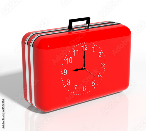 Illustration: Vacation time. Red travel suitcase with clock Vacation time. Red travel suitcase with clock