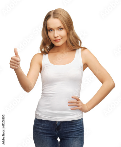 Photo: woman in blank white t-shirt with thumbs up woman in blank white t-shirt with thumbs up