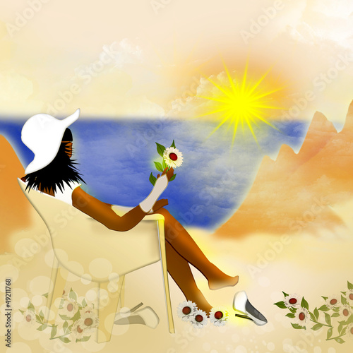 Illustration: girl on the background of the sea and mountains girl on the background of the sea and mountains