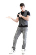 Full length portrait school boy show demonstrate isolated