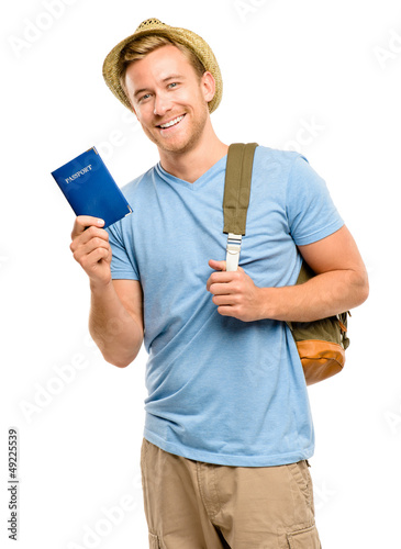 Photo: Happy young tourist man holding passport white background Happy young tourist man holding passport white background