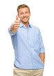 Happy man thumbs up sign portrait on white background