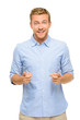 Happy man pointing - portrait on white background