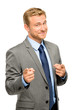 Happy businessman pointing on white background