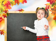 schoolgirl wrote in chalk on the chalk board, on an abstract bac