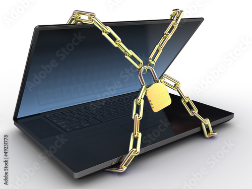 Photo: Laptop with chains and lock on white isolated background. 3d Laptop with chains and lock on white isolated background. 3d
