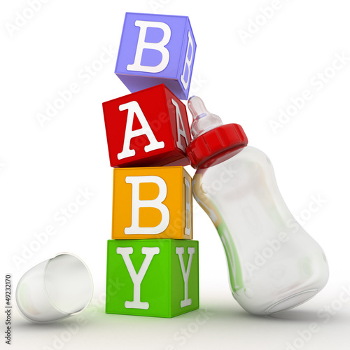 Illustration: Baby concept of cubes with feeding bottle Baby concept of cubes with feeding bottle