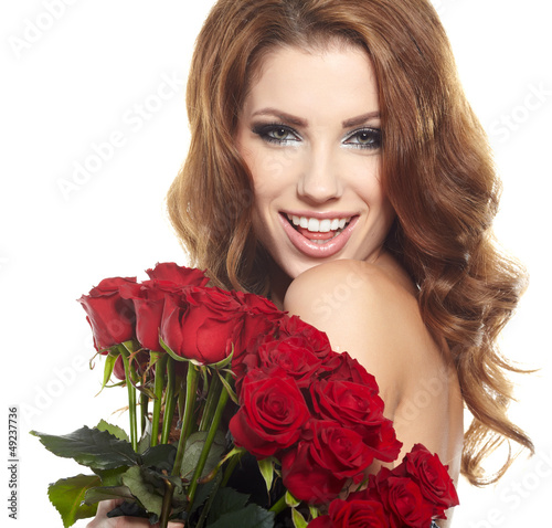 Photo: Beautiful female holding red roses bouquet, valentines day. Beautiful female holding red roses bouquet, valentines day.