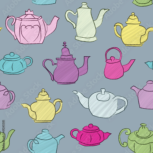 Vector: Seamless background with hand drawn chalk outlined teapots. Seamless background with hand drawn chalk outlined teapots.