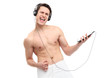 Man wrapped in towel listening to music