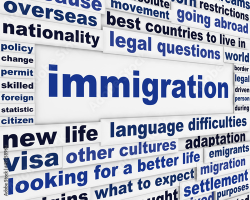 Photo: Immigration creative words conceptual message background Immigration creative words conceptual message background