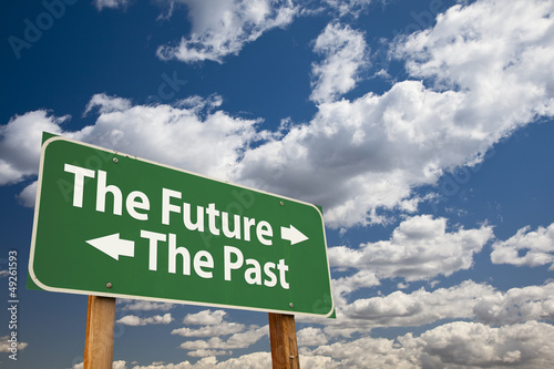 Photo: The Future, The Past Green Road Sign Over Clouds The Future, The Past Green Road Sign Over Clouds