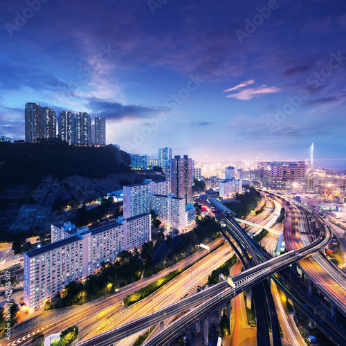 Photo: Hong Kong Cargo Terminal and highways at sunset Hong Kong Cargo Terminal and highways at sunset