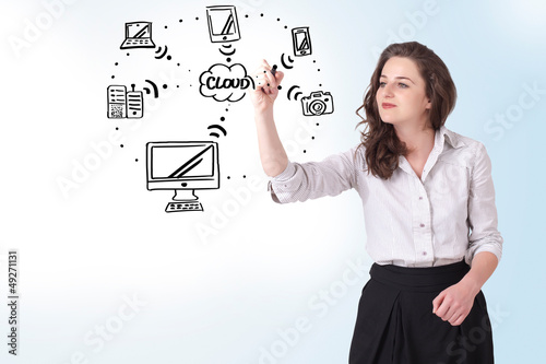 Photo: Young woman drawing a cloud computing on whiteboard Young woman drawing a cloud computing on whiteboard