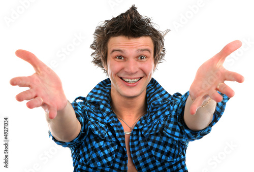 Photo: Portrait of happy young man isolated background Portrait of happy young man isolated background