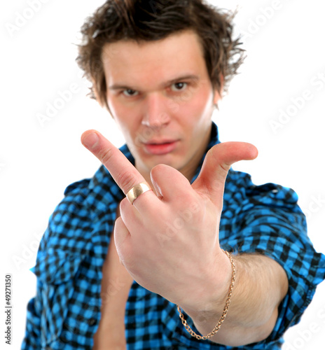 Photo: Upset man giving middle finger Upset man giving middle finger