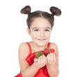 Little girl with strawberry on white background