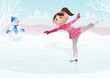 Ice skating little girl and snowball