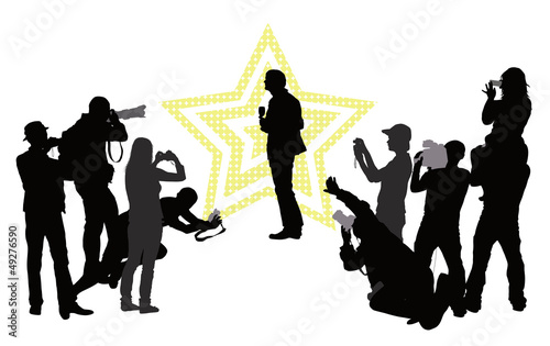 Vector: Group of people with camera and celebrity. Vector silhouettes Group of people with camera and celebrity. Vector silhouettes