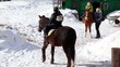 Boy sits horseback, woman help his sister to climb on horse