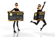 Woman thief with credit card on white background