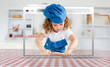 Foto: Digital internet window showing girl in cookery gear rolling pas Digital internet window showing girl in cookery gear rolling pas