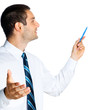 Business man showing area for sign or copyspace