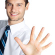 Businessman showing five fingers, isolated