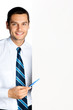 Happy businessman showing signboard, isolated