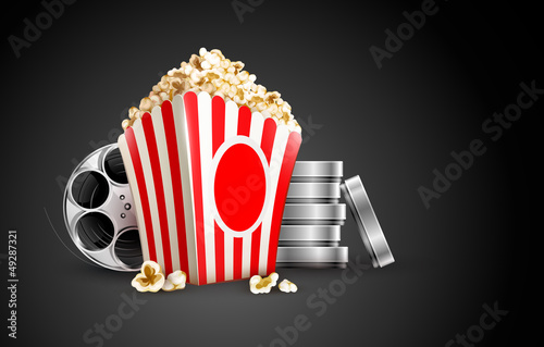 Vector: discs with film tape reel and popcorn vector illustration discs with film tape reel and popcorn vector illustration