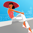 Sexy woman in 1950s outfit and a red hat