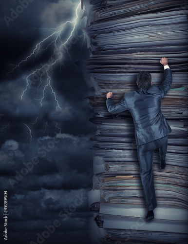 Illustration: Businessmen climbing up at storm Businessmen climbing up at storm