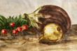 watercolor of eggplant, onion, radishes