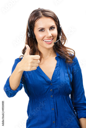 Photo: Support phone operator showing thumbs up, isolated Support phone operator showing thumbs up, isolated