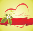 Flower with heart on the red ribbon. Invitation card