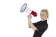 Blonde Frau mit Megaphon